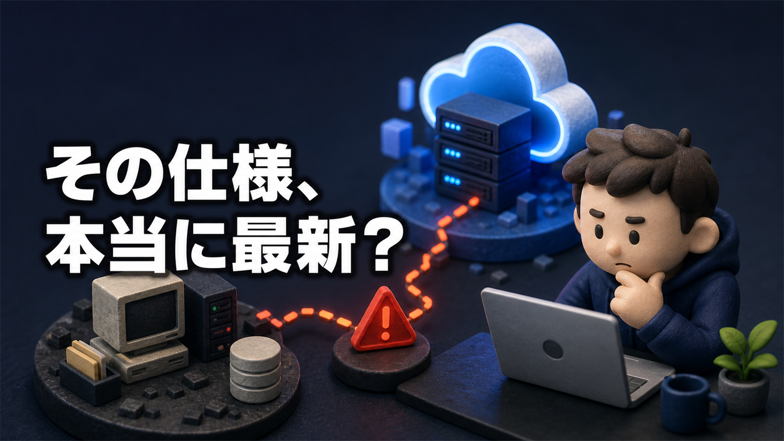 「その仕様、本当に最新？」の文字と、古い実行環境とクラウド環境の間で警告が出ている様子を表した3Dイラスト