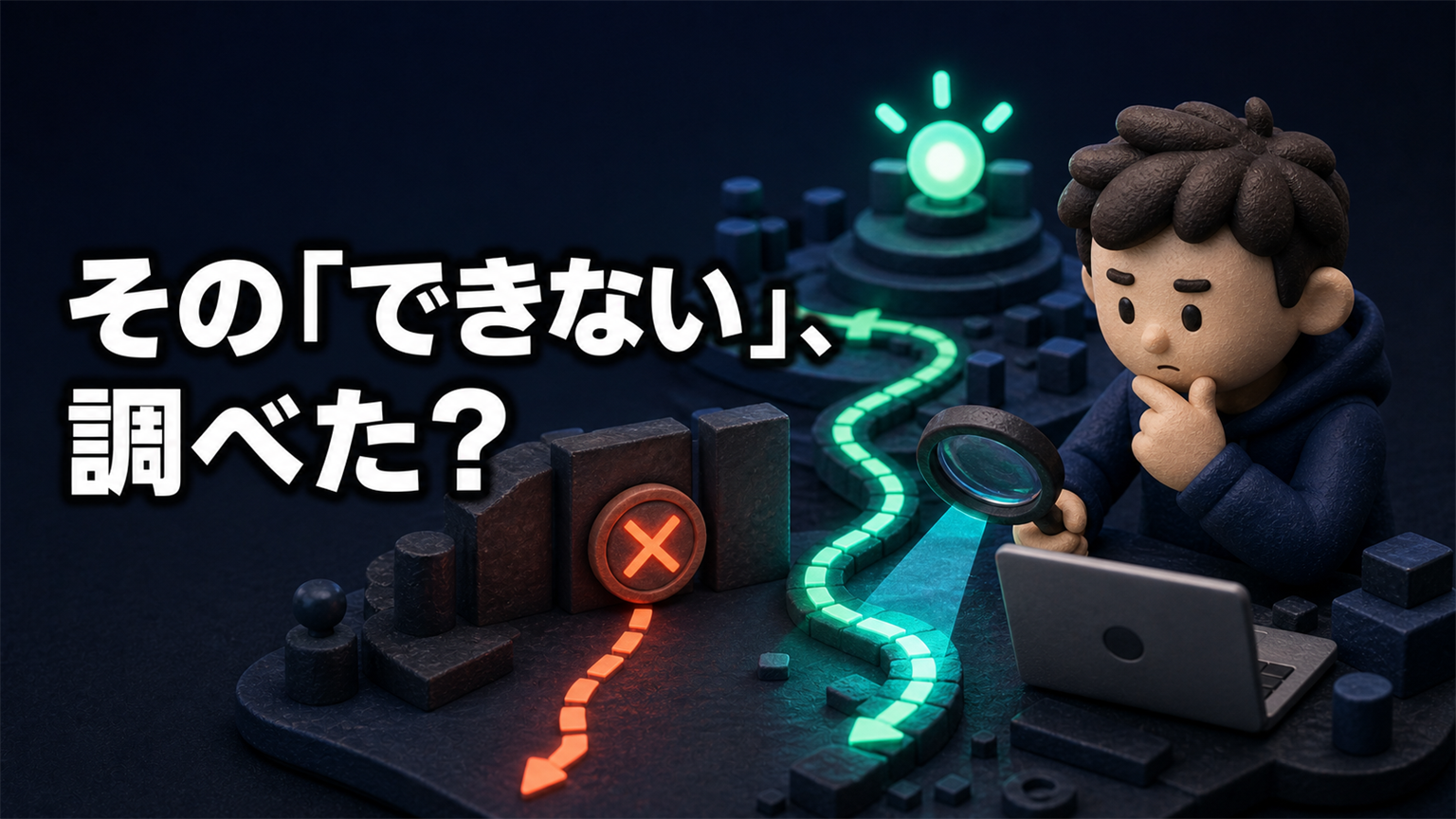 「その『できない』、調べた？」の文字と、行き止まりを虫眼鏡で調べて別ルートを見つける人物の3Dイラスト
