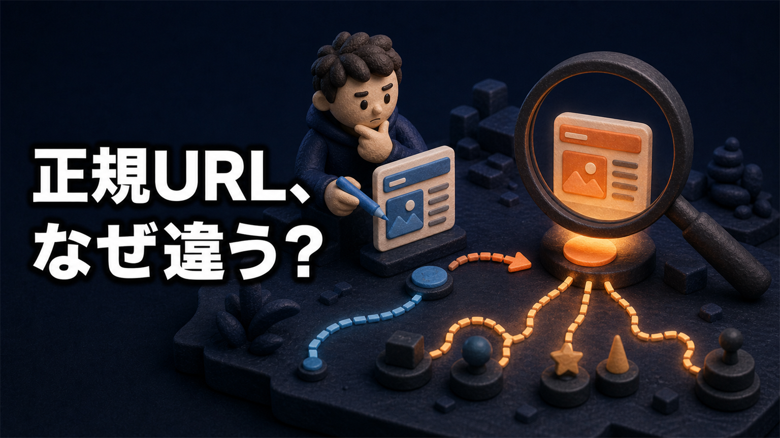 「正規URL、なぜ違う？」の文字と、指定したページとは別のページが検索で選ばれる様子の3Dイラスト