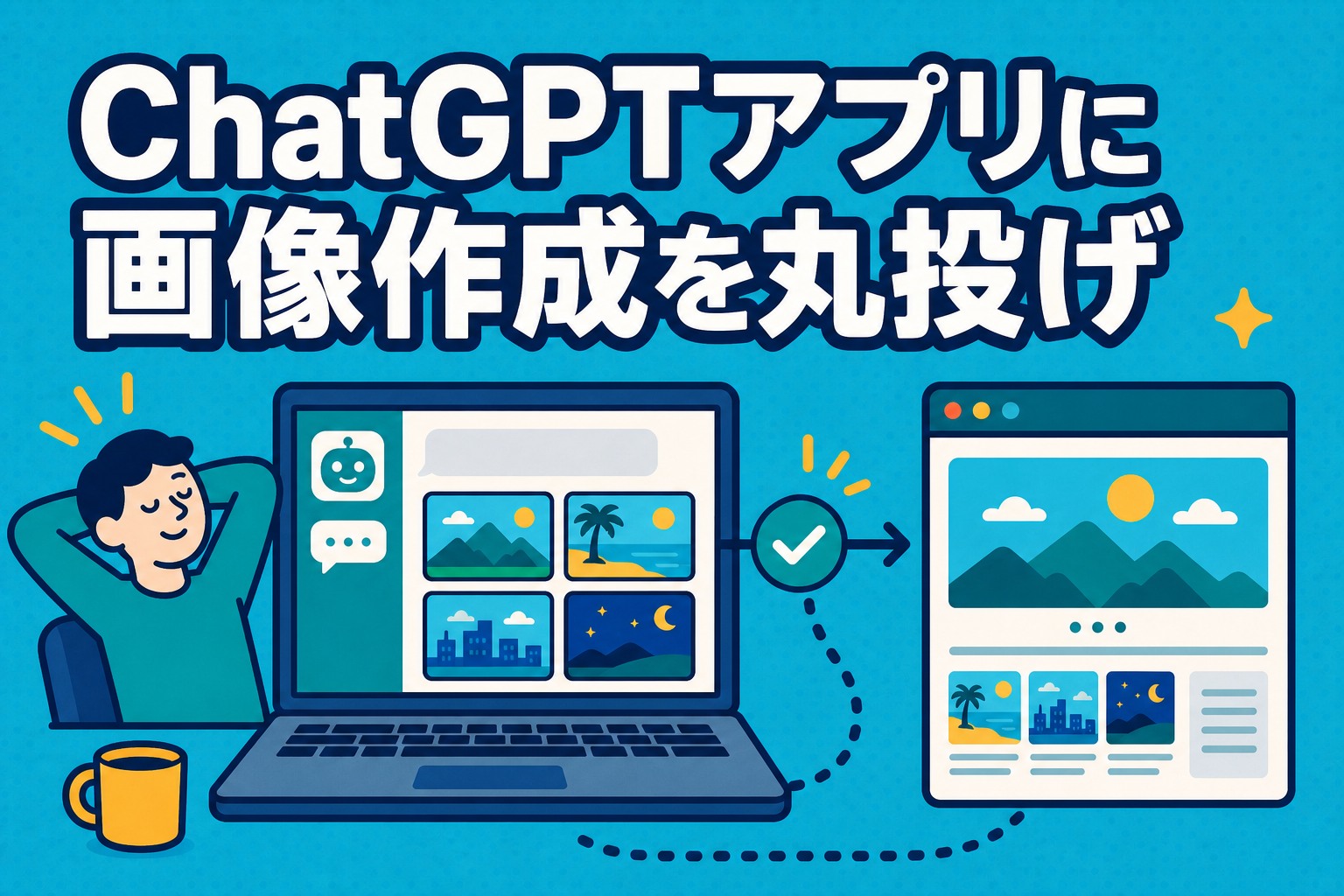 ChatGPTアプリにアイキャッチ画像の作成からWordPressへの設定まで丸投げする様子