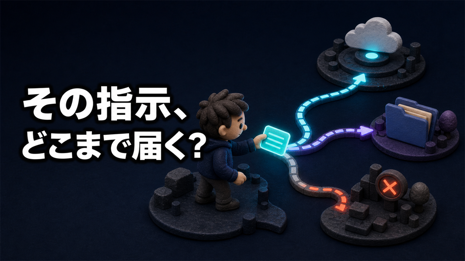 「その指示、どこまで届く？」の文字と、指示が複数の環境へ分岐して届く範囲を示した3Dイラスト