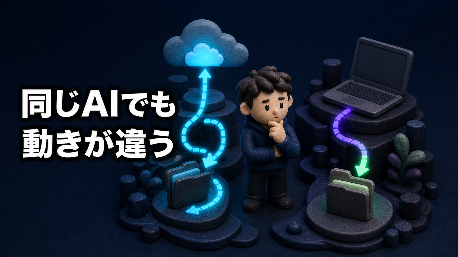 「同じAIでも動きが違う」の文字と、クラウド経由と直接編集の2つのファイル操作を比べる人物の3Dイラスト