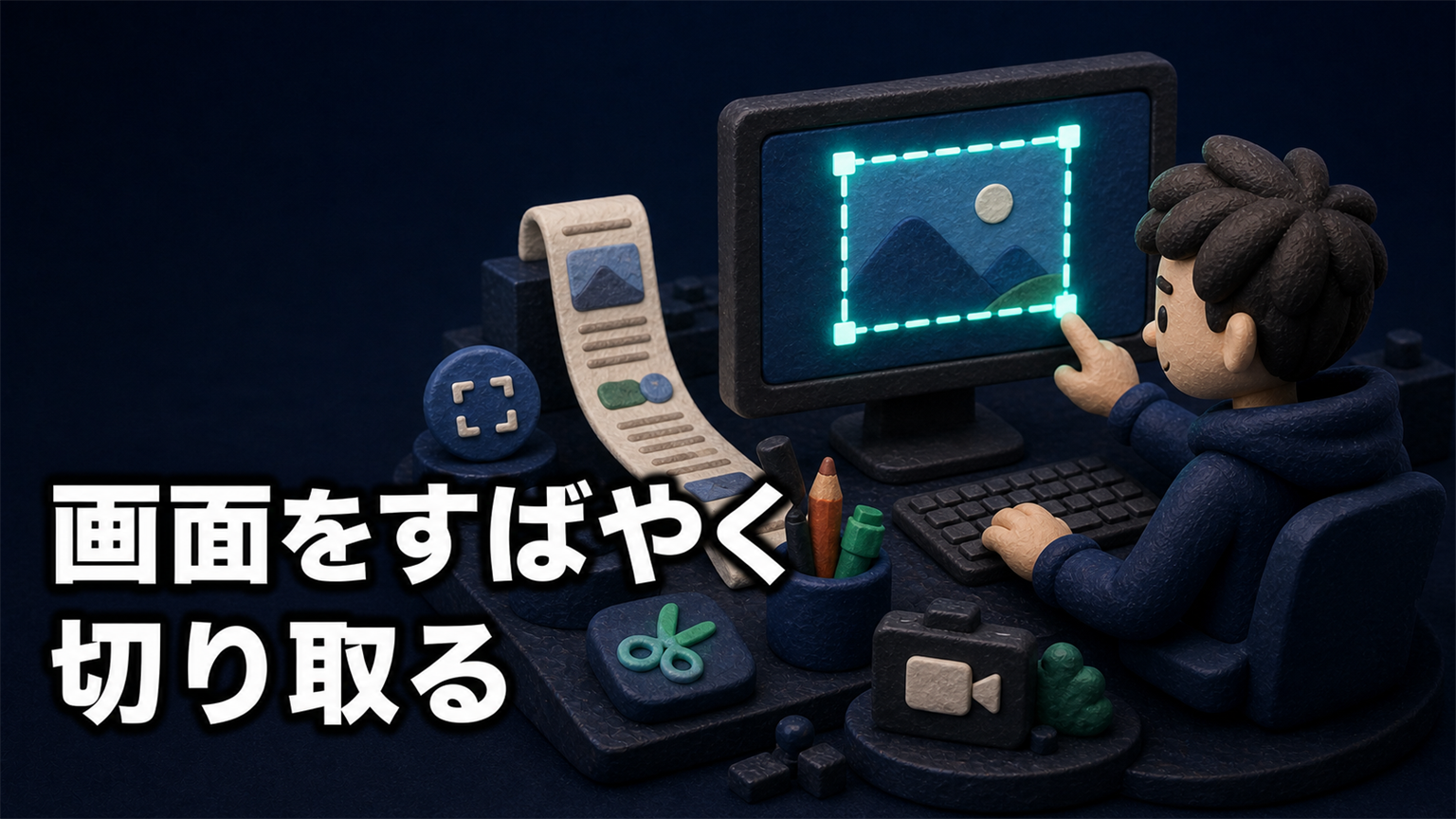 「画面をすばやく切り取る」の文字と、モニター上の範囲を選択して切り取る人物の3Dイラスト
