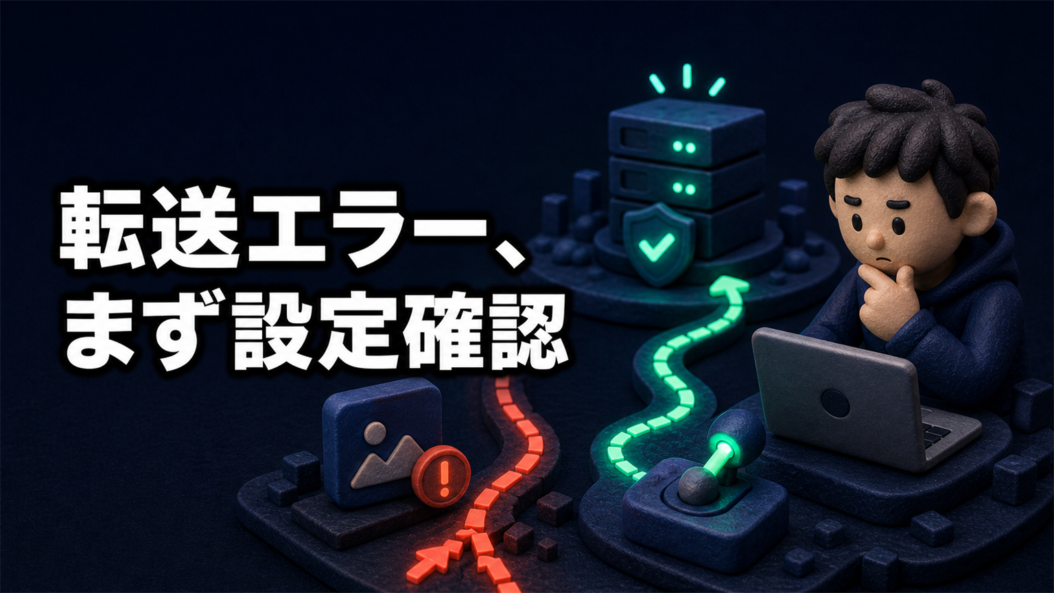 「転送エラー、まず設定確認」の文字と、失敗したファイル転送が設定変更で成功する様子の3Dイラスト