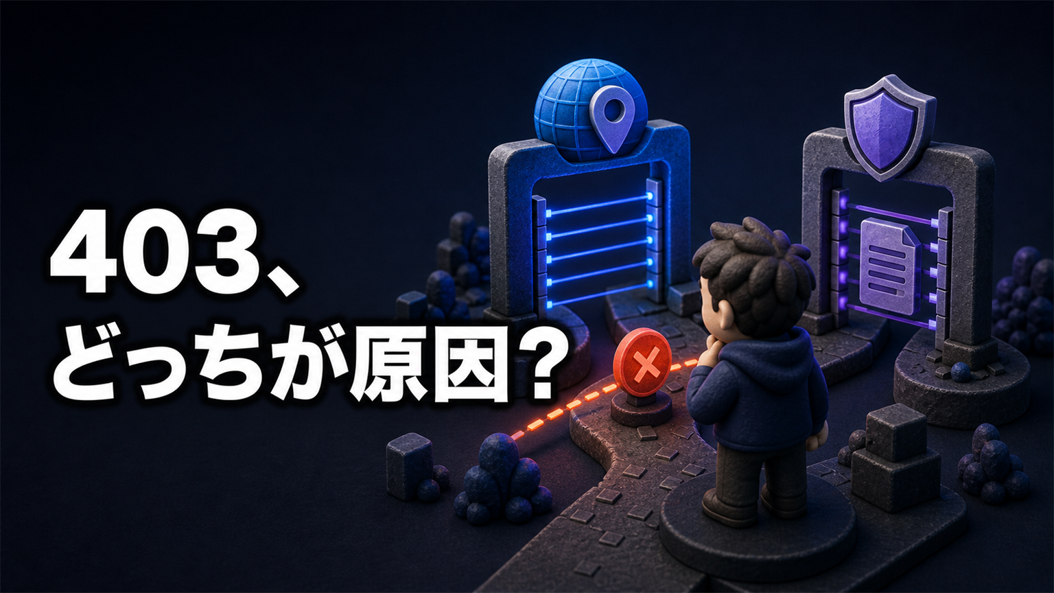 「403、どっちが原因？」の文字と、接続元と送信内容を調べる2種類のセキュリティゲートの前で考える人物の3Dイラスト