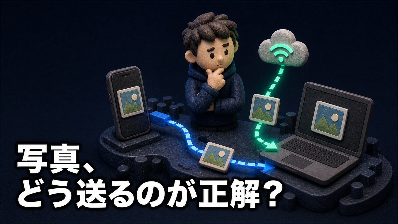 「写真、どう送るのが正解？」の文字と、スマートフォンの写真を有線と無線でパソコンへ送る3Dイラスト