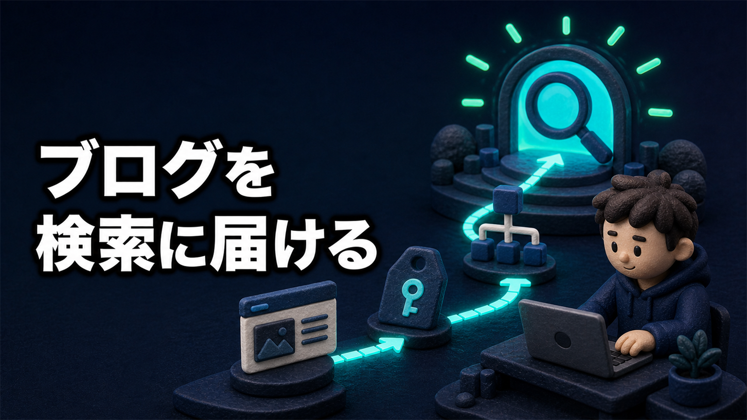 「ブログを検索に届ける」の文字と、ブログを確認してサイトマップ経由で検索へ送る流れの3Dイラスト