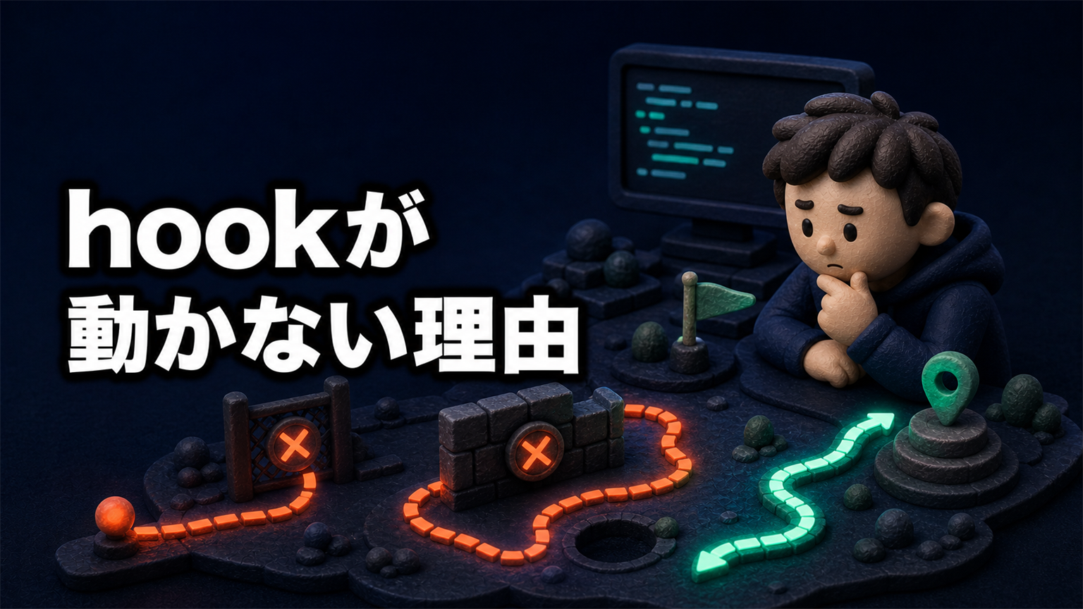 「hookが動かない理由」の文字と、失敗する経路と正しい経路を調べる人物の3Dイラスト
