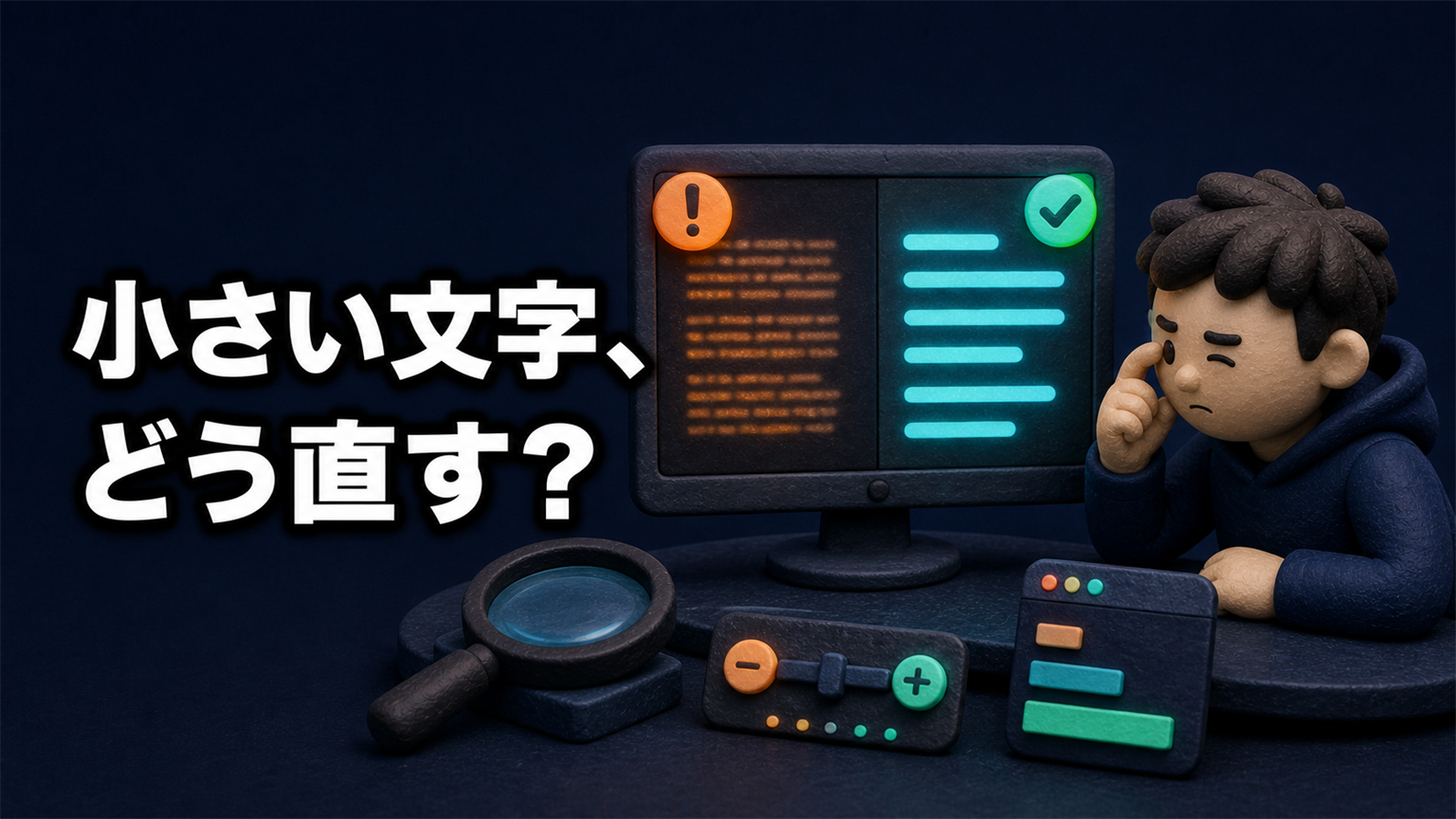 「小さい文字、どう直す？」の文字と、ぼやけた小さな表示と鮮明な大きな表示を比べる人物の3Dイラスト