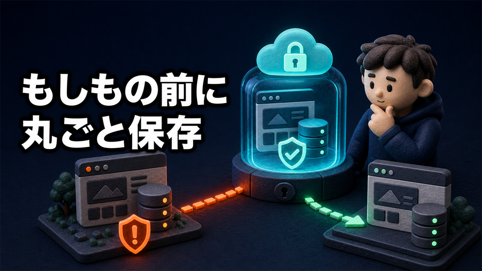 「もしもの前に丸ごと保存」の文字と、サイトとデータベースを安全な保管先へバックアップする3Dイラスト